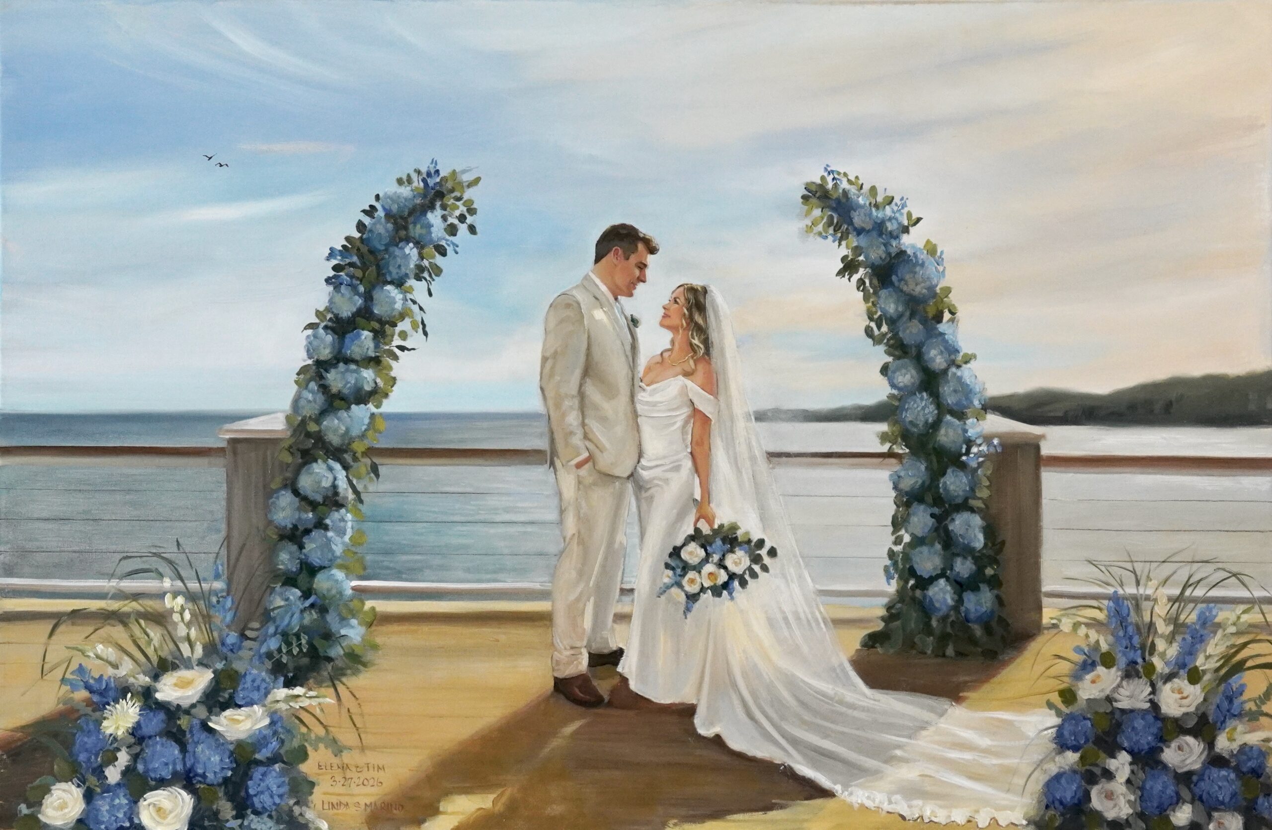 oil painting of wedding couple on ceremony deck overlooking the water