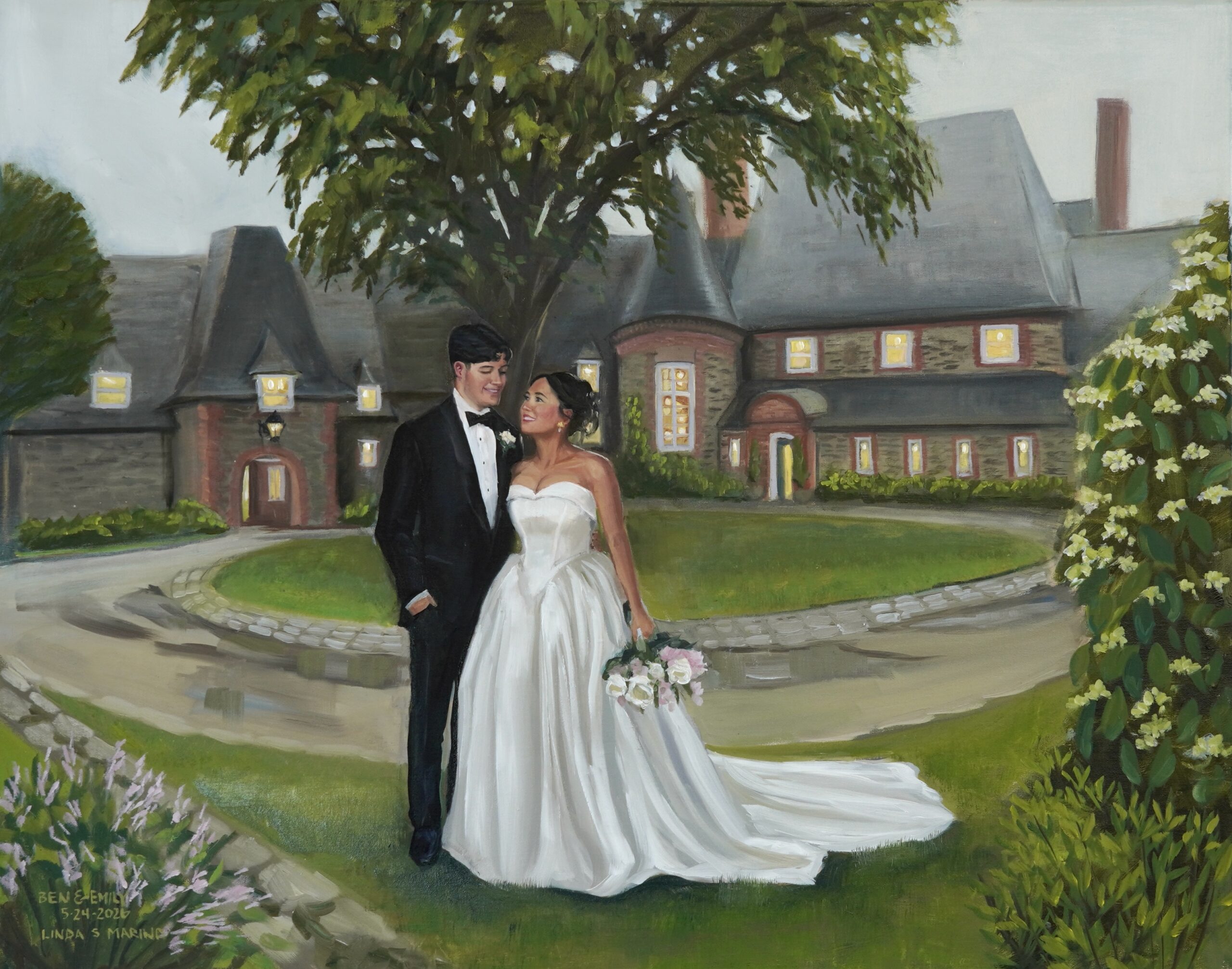 wedding painting of bride and groom on lawn at Shepherd's Run S Kingstown RI