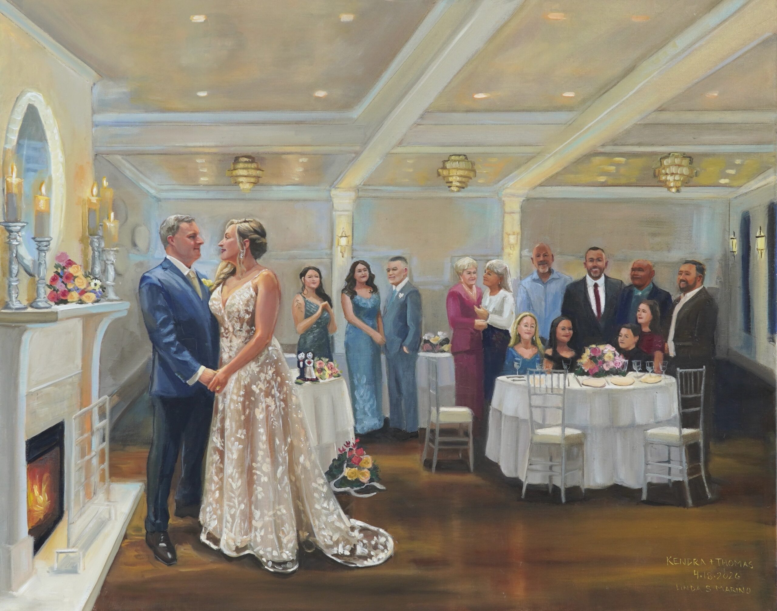 Live wedding painting of Bride and groom with family and friends