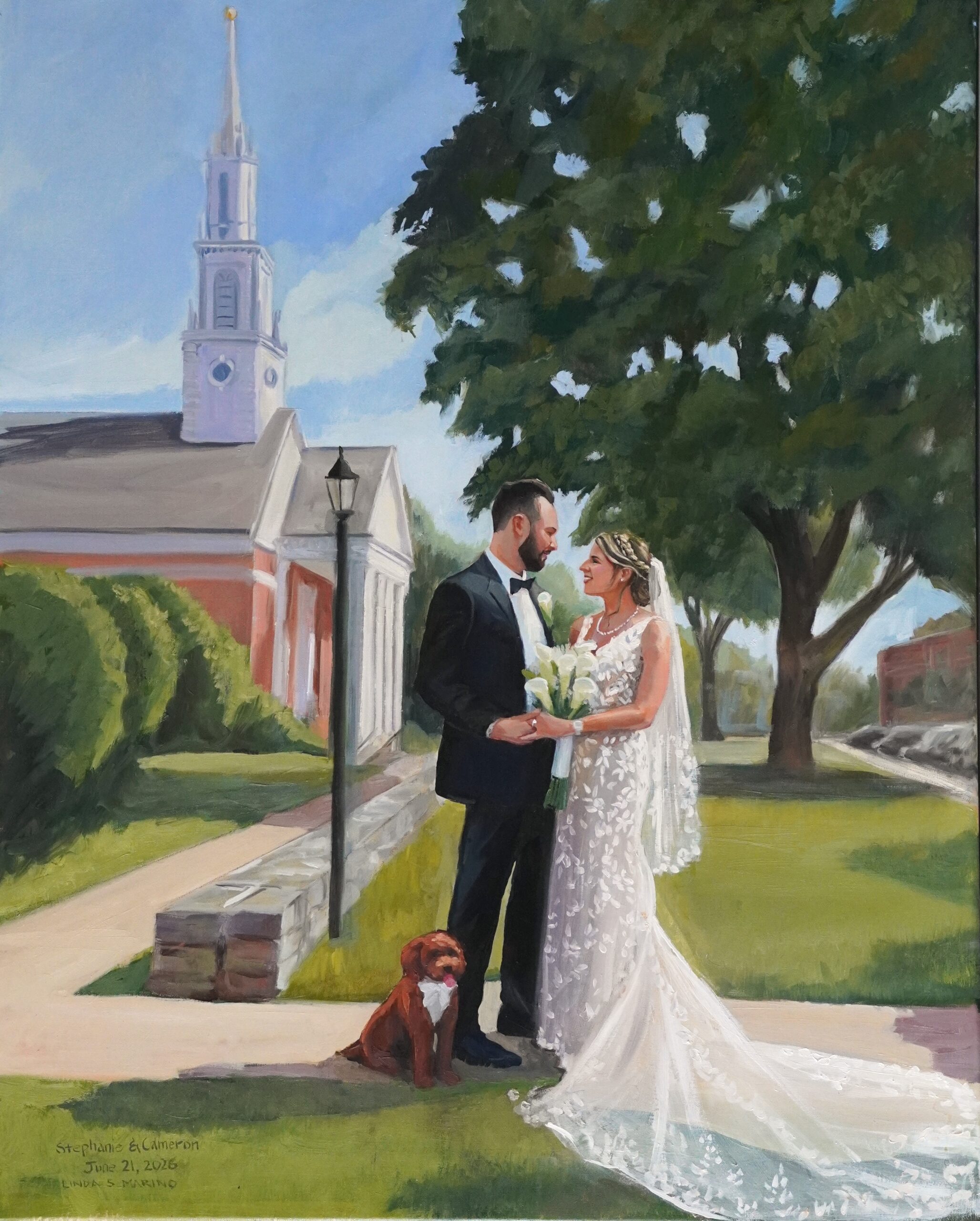 live wedding painting of bride and groom outside church in West Hartford CT